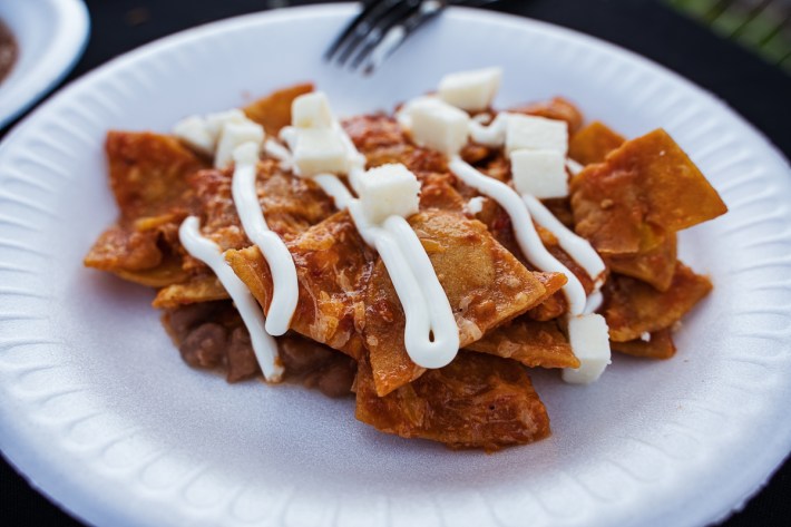 Close up of crispy chilaquiles on a styrofoam plate