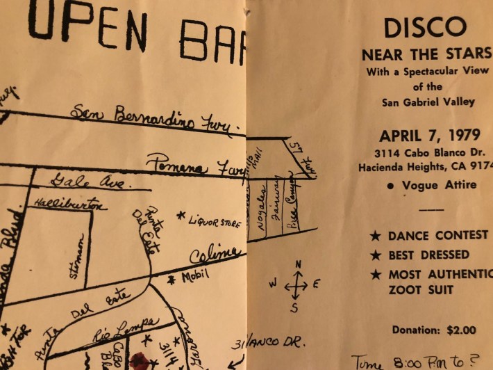 Invitation for 1979 disco party in Hacienda Heights, requesting “vogue attire” and featuring a “most authentic Zoot Suit” contest pt. 2. Photo courtesy of Theresa Montalvo.
