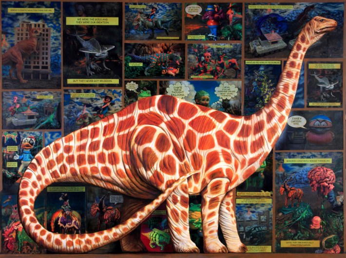 RON-ENGLISH - NeoNature Exhibit - 'Giraffosaurus' oil, acrylic and collage on canvas, 48 x 64