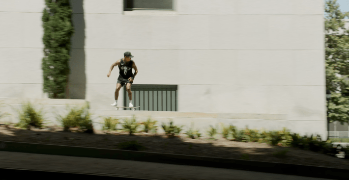 Nyjah Huston skates outside of The Hall of Justice in DTLA