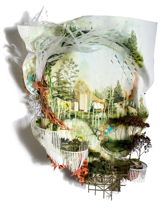 Gregory Euclide, Surrounding My Hands In The Stain Of Warm Sinking, 2011, ACRYLIC, PENCIL, FOUND FOAM, LICHEN, LILY SEED, MOSS, MYLAR, PHOTO TRANSFER, PINE, PLASTIC, SAGE, SEDUM, SPONGE, WOOD, WIRE
