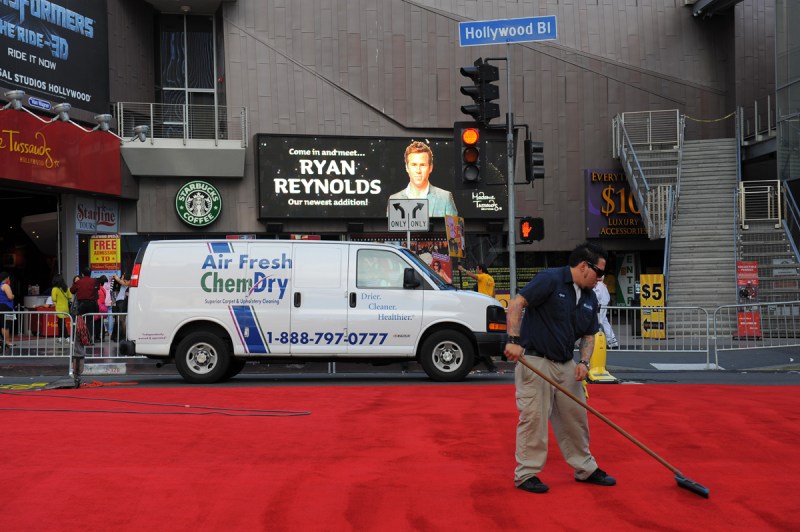 cleaning red carpet on hollywood blvd