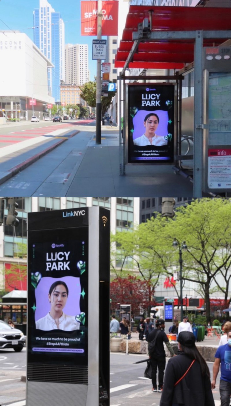 Spotify ads in SF and NY highlighting Park as their AAPI Heritage Month Pick.
