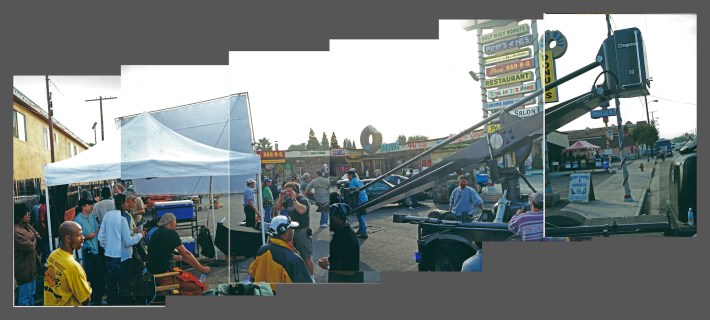 35mm behind-the-scenes panorama of the strip mall. Photos by Jeremy Alter.