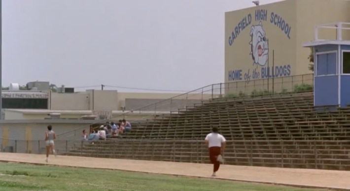 The bleachers and old Garfield High School auditorium (right). Photo via Warner Bros. Pictures.