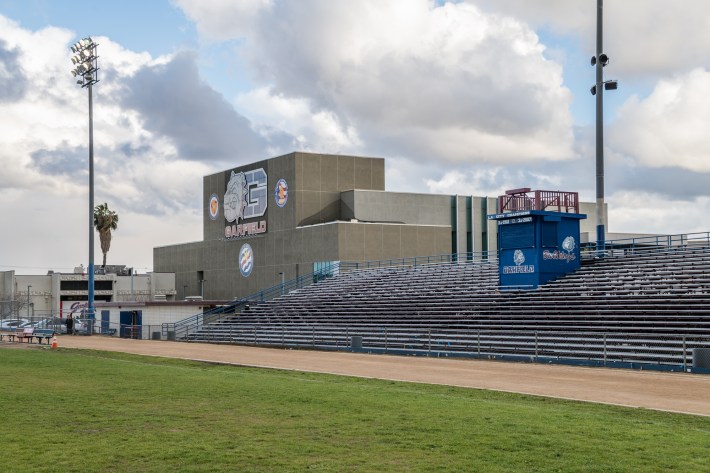 The bleachers and new Garfield High School auditorium. Photo by Jared Cowan for L.A. TACO.