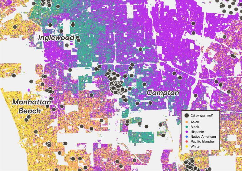 Compare the area around Compton, which is majority Black and Latino, to predominantly white Manhattan Beach to its west. The stark contrast in exposure to wells between majority white enclaves and those where people of color live is replicated across the state.