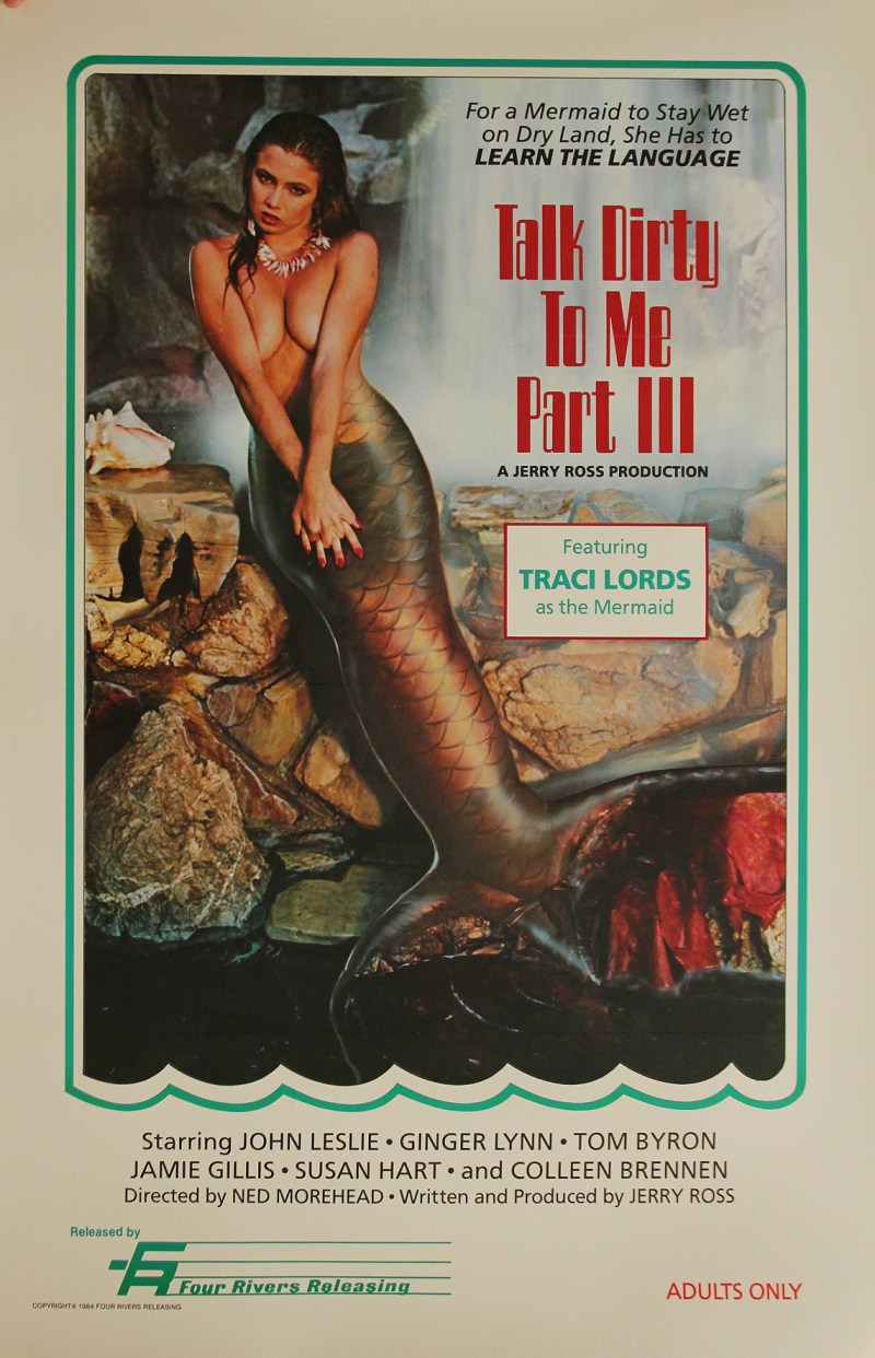A XXX takeoff of Splash, featuring bosomy backstabber & fake ID enthusiast Traci Lords as the mermaid!  Shot on film with a decent budget, this joined Traci's other 60-ish hardcore titles made before her 18th birthday on the Banned List, so reshoots were done 2 years later with Ginger Lynn (who actually spent months in jail for refusing to testify against the industry that had been duped by the devious Redondo High dropout) in the fishtail.  Finding an original American 1-sheet for ANY of Traci's forbidden films is tough enough, but this one has been linen-backed to perfection by the sadly defunct Postersmith in Seattle.