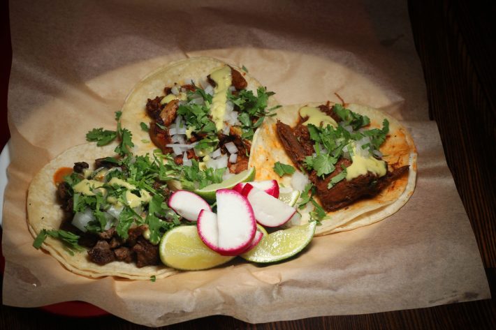 Metal Taco Holder with Three Mexican Carne Asada Street-tacos